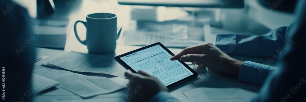 Poster a person reviewing documents on a tablet at a workspace with a coffee mug nearby.