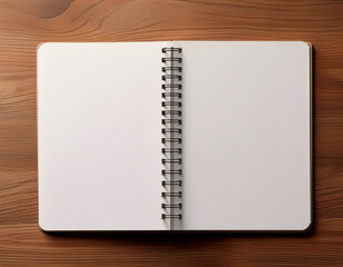 Open blank spiral notebook centered on a clean wooden surface, top-down view with copyspace