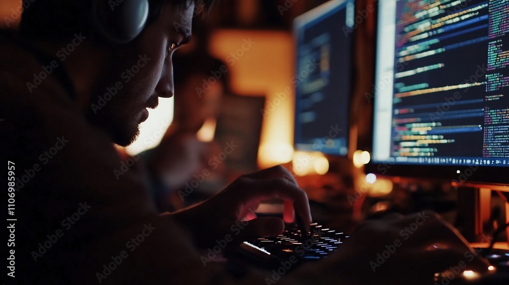 Aufkleber A person coding at a computer, immersed in programming tasks.