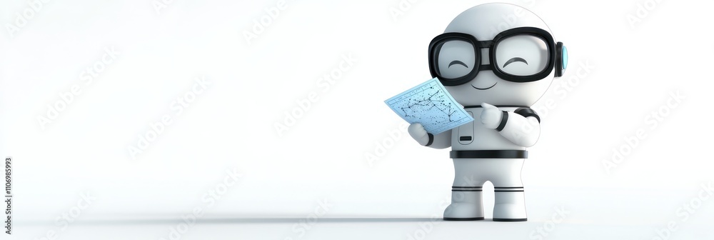 Poster A cheerful robot character with glasses holding a map, conveying curiosity and exploration.