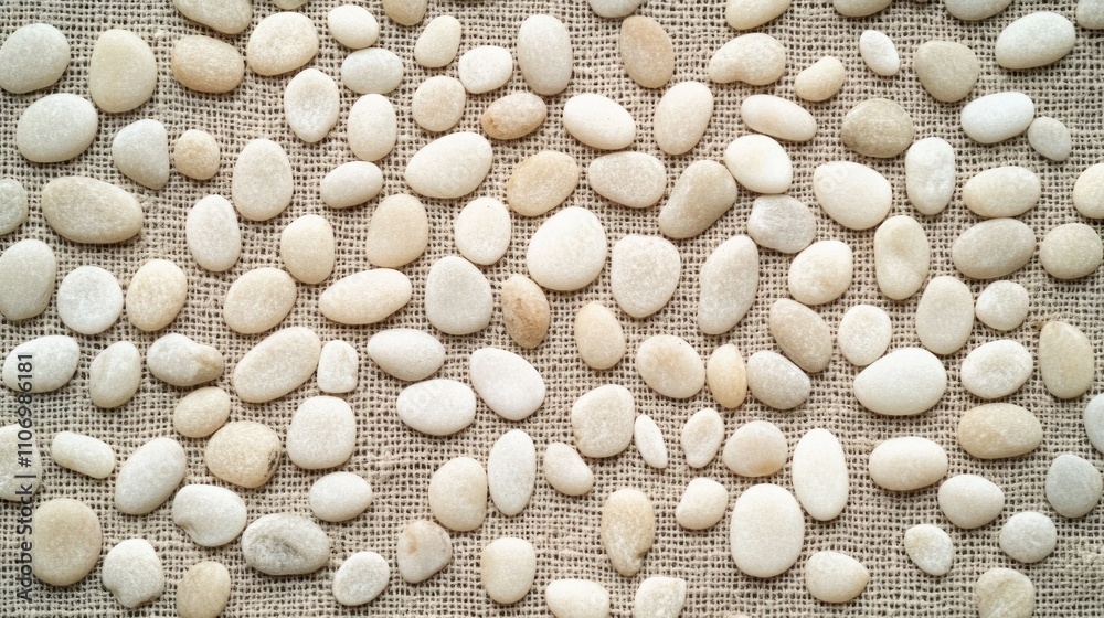 Poster a collection of smooth, light-colored pebbles arranged on a textured surface.