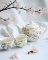 Fototapeta premium A serene porcelain teapot and cups on a white background, adorned with floral patterns and gold rims.
