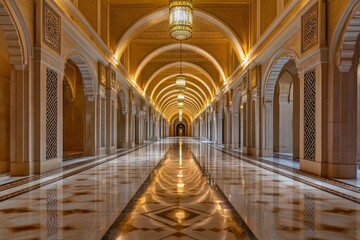 Fototapeta premium Stunning architectural interior of a grand corridor featuring ornate arches, elegant lighting, and polished marble floors, showcasing intricate design and warmth in a luxurious setting.