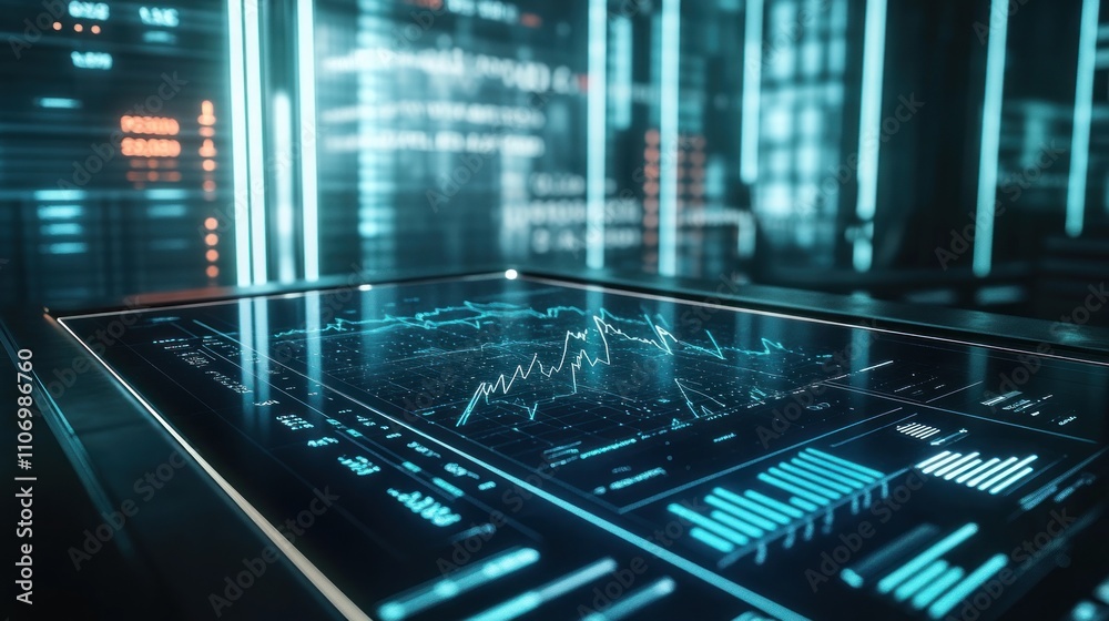 Poster A futuristic digital interface displaying data analytics and trends.