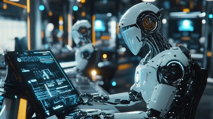 Group of AI robots collaborating on a futuristic project