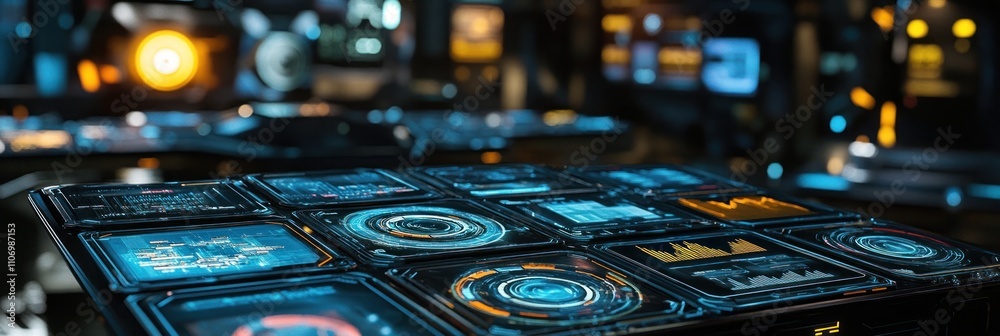 Poster A futuristic control panel displaying various data and graphical interfaces.