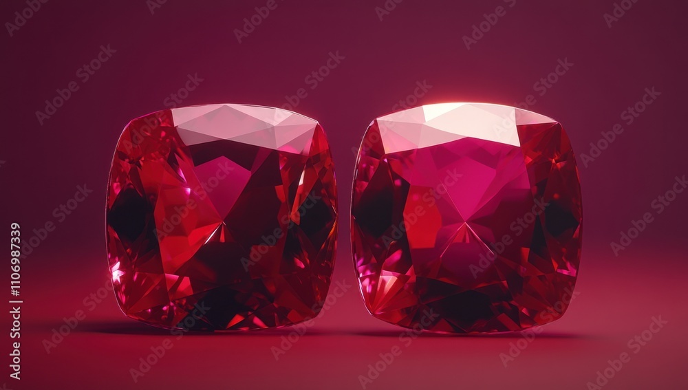 Poster two large, faceted red gemstones displayed against a gradient background.