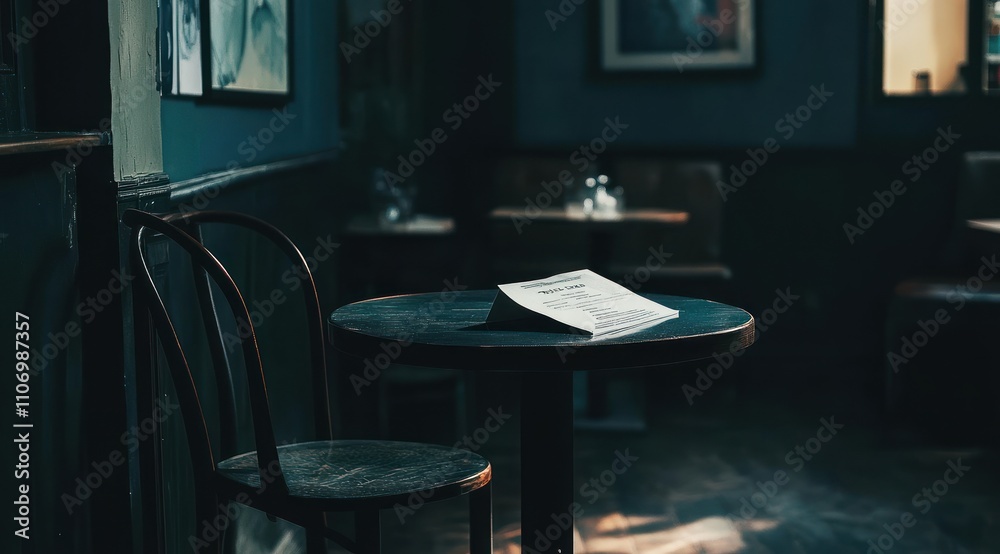 Leinwandbilder a dimly lit caf? table with a menu, evoking a cozy and inviting atmosphere.