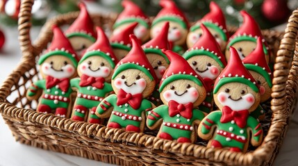 Obraz premium Assorted elf-shaped cookies in a basket, decorated with red and green icing, pointy hats, striped stockings, ideal for Christmas party treats, playful design