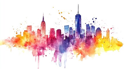 Fototapeta premium Watercolor illustration of artistic urban with colorful skyscrapers isolated on white background