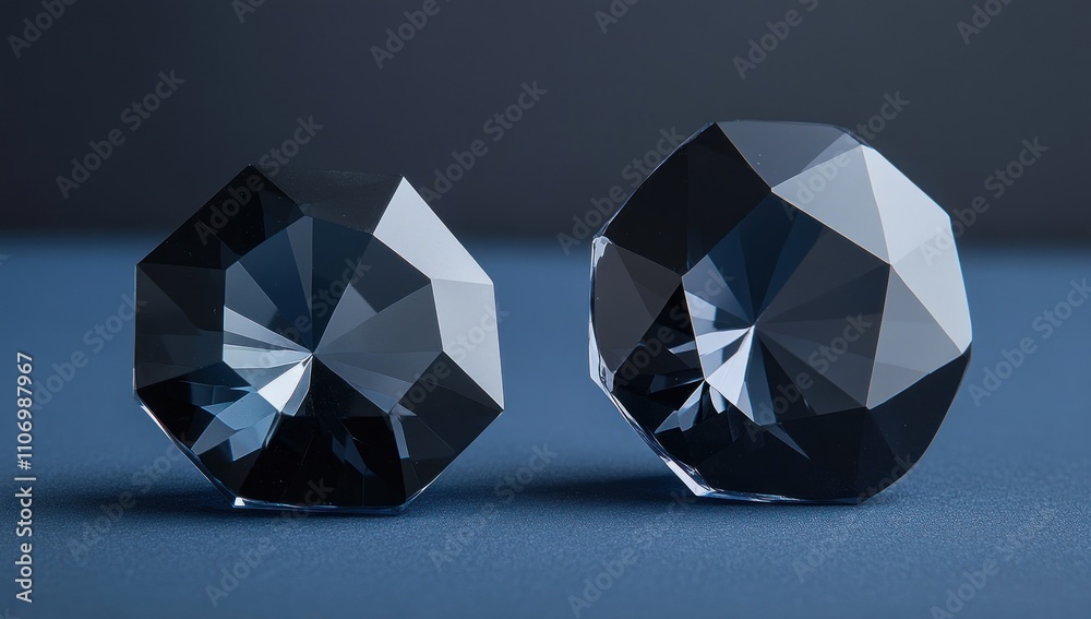 Poster Two faceted crystal-like objects reflecting light against a dark background.