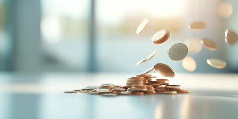 close up of coins cascading into modern piggy bank, symbolizing savings and financial growth. warm light creates inviting atmosphere, enhancing sense of prosperity