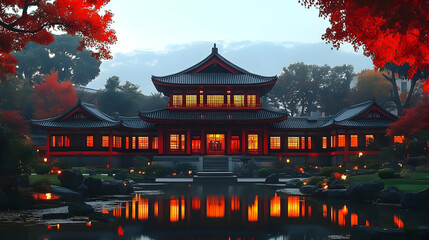 Obraz premium Serene Asian Architecture: Illuminated Temple at Dusk, Reflecting in Calm Water