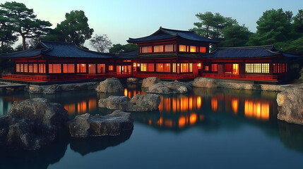 Fototapeta premium Serene Asian House Reflecting on Calm Water at Dusk