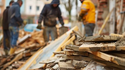A team of workers dismantling old structures and carefully stacking materials for reuse.