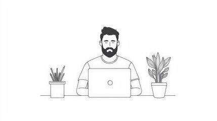 Man Working on Laptop with Plants in Minimalist Workspace Design