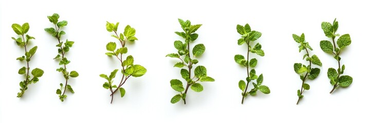 Six Sprigs of Fresh Green Mint Leaves on White Background
