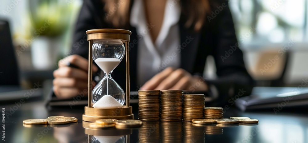 Poster a professional setting with an hourglass and stacks of coins.