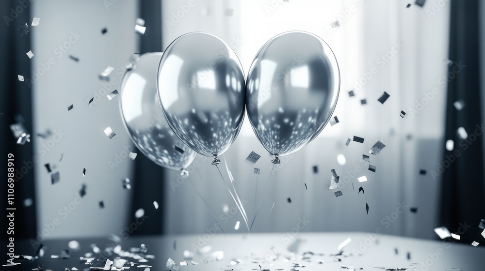 Poster silver balloons float amidst confetti, creating a festive atmosphere.