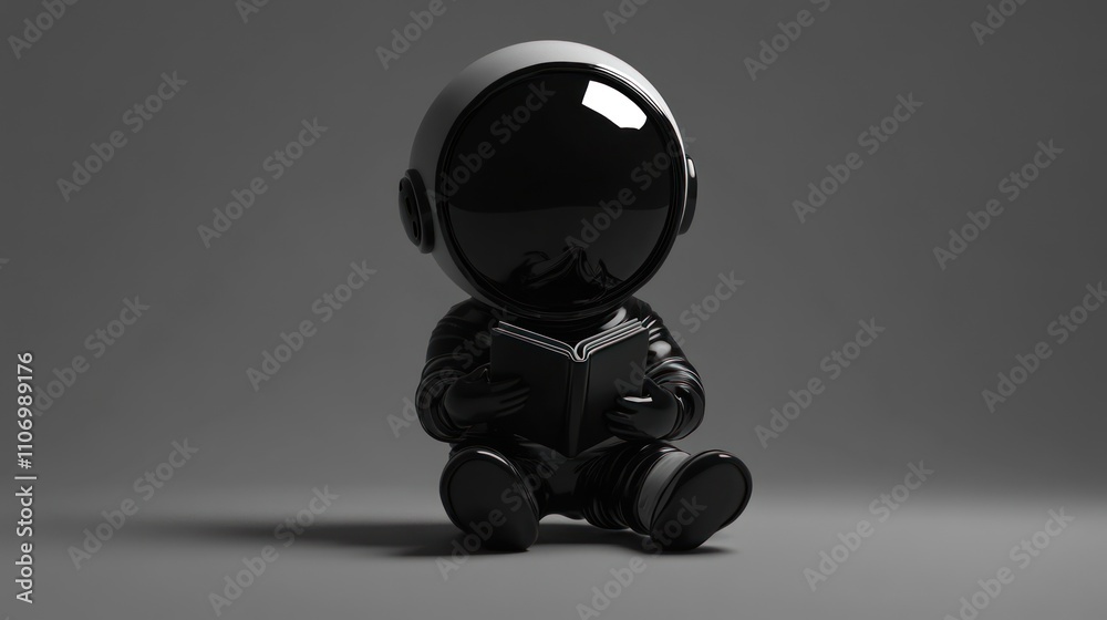 Poster a stylized astronaut figure reading a book, emphasizing curiosity and exploration.