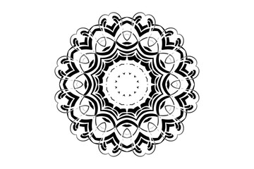 Black and White Mandala Illustration with Central Sunburst and Detailed Floral Shapes

