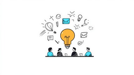 Creative Team Brainstorming Session with Lightbulb Illustrations