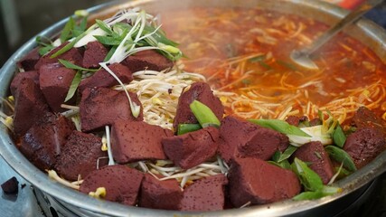 Korean beef soup with cow blood sausage : Seonjiguk Soup