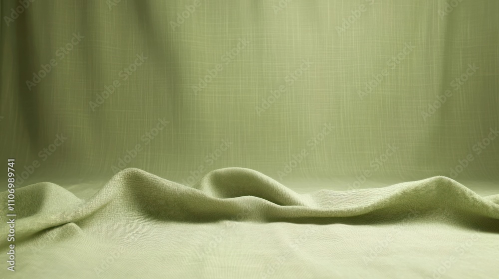 Poster soft green fabric drapes create a serene, textured backdrop.
