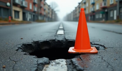 Orange Cone Marks Road Pothole Near Buildings
