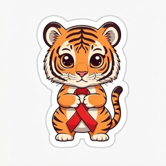 Illustrates a chibi tiger holding a red ribbon in its paw, in honor of World AIDS Day. The tiger looks fierce yet adorable, with big eyes and a sticker-like outline, on a simple white background.