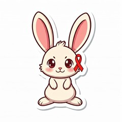 hibi rabbit with a red ribbon tied around its ear, in honor of World AIDS Day, and an outline of a sticker, on a white background