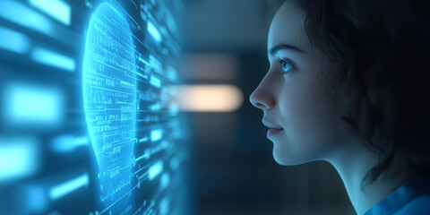 side view of woman engaging with translucent AI interface, showcasing digital data and technology. scene conveys curiosity and innovation in futuristic setting