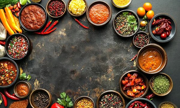 Spicy Chili Sauce and Spice Selection on Dark Background
