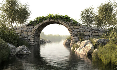 Fototapeta premium A river with a stone arch bridge, historical theme, classic style, natural tones, isolated on white background 
