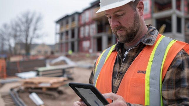 A project manager uses their tablet to communicate with construction workers and subcontractors ensuring efficient and realtime updates.