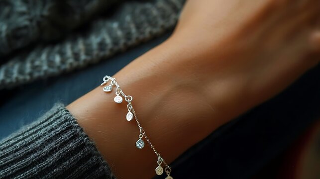 Silver charm bracelet with delicate hanging pendants