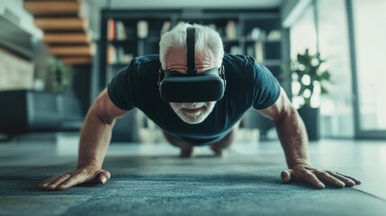 Fototapeta premium Senior man engaging in virtual reality fitness at home