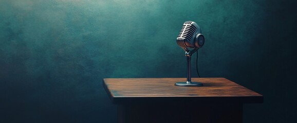A vintage microphone on a wooden table against a textured backdrop.