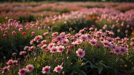 Obraz premium Vibrant pink flowers blooming in a vast field at sunset.