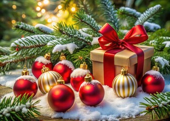 Fototapeta premium Festive Christmas Scene: Red & White Ornaments, Evergreen Trees, Gold Ribbon Gifts - Holiday Card Background