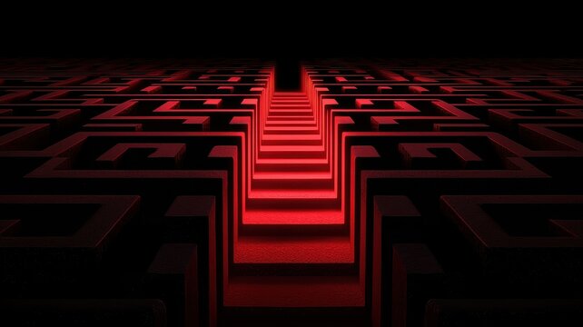 Stereoscopic Depth Illusion Concept. Mysterious red maze with illuminated pathway at the center