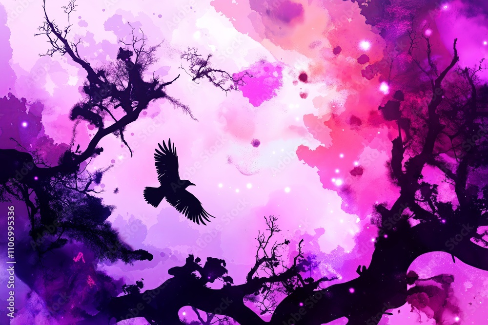 Poster a colorful nebula with a silhouette of a recognizable bird
