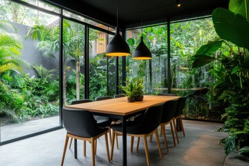 Fototapeta premium Stylish dining room featuring lush indoor greenery and a vibrant garden atmosphere for a refreshing dining experience.