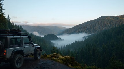 Tranquil Scene with 4x4 Truck Parked at Mist-Covered Mountain Edge Surrounded by Dense Forest and Lush Greenery at Dawn