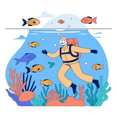 Ocean biodiversity illustration featuring vibrant marine life—fish, coral, and endangered species—highlighting conservation and habitat protection. Flat vector style for climate awareness