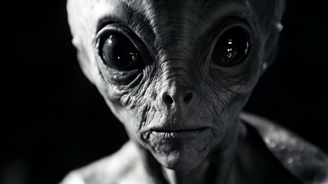 Close up of grey alien face with black eyes