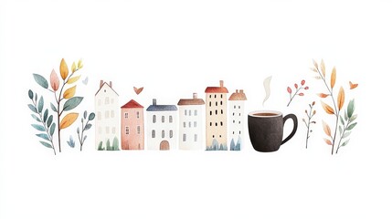 Cozy Autumn Scene with Houses and Coffee Mug in Warm Tones