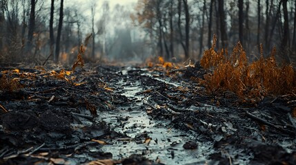 Obraz premium Environmental Impact of Fuel Contamination: Oil-Stained Landscape with Barren Trees and Murky Waters Amidst a Devastated Ecosystem