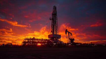 Fototapeta premium Majestic Sunset Over a Gasoline Extraction Scene Featuring Massive Drills Silhouetted Against a Vibrant Sky with Dramatic Cloud Patterns