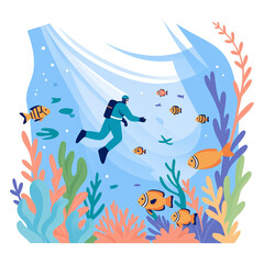 Obraz premium Ocean biodiversity illustration featuring vibrant marine life—fish, coral, and endangered species—highlighting conservation and habitat protection. Flat vector style for climate awareness